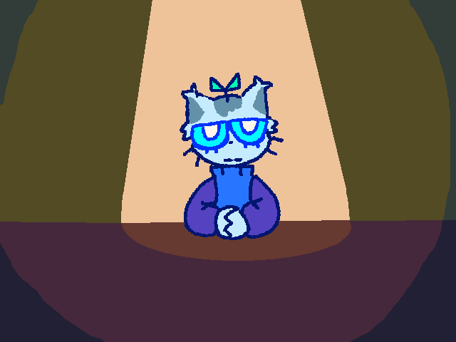A light blue anthropomorphic cat with glasses, a blue sweater, and a plant sprouting out of its head. She's staring directly forward, sitting at a table with her hands intertwined.